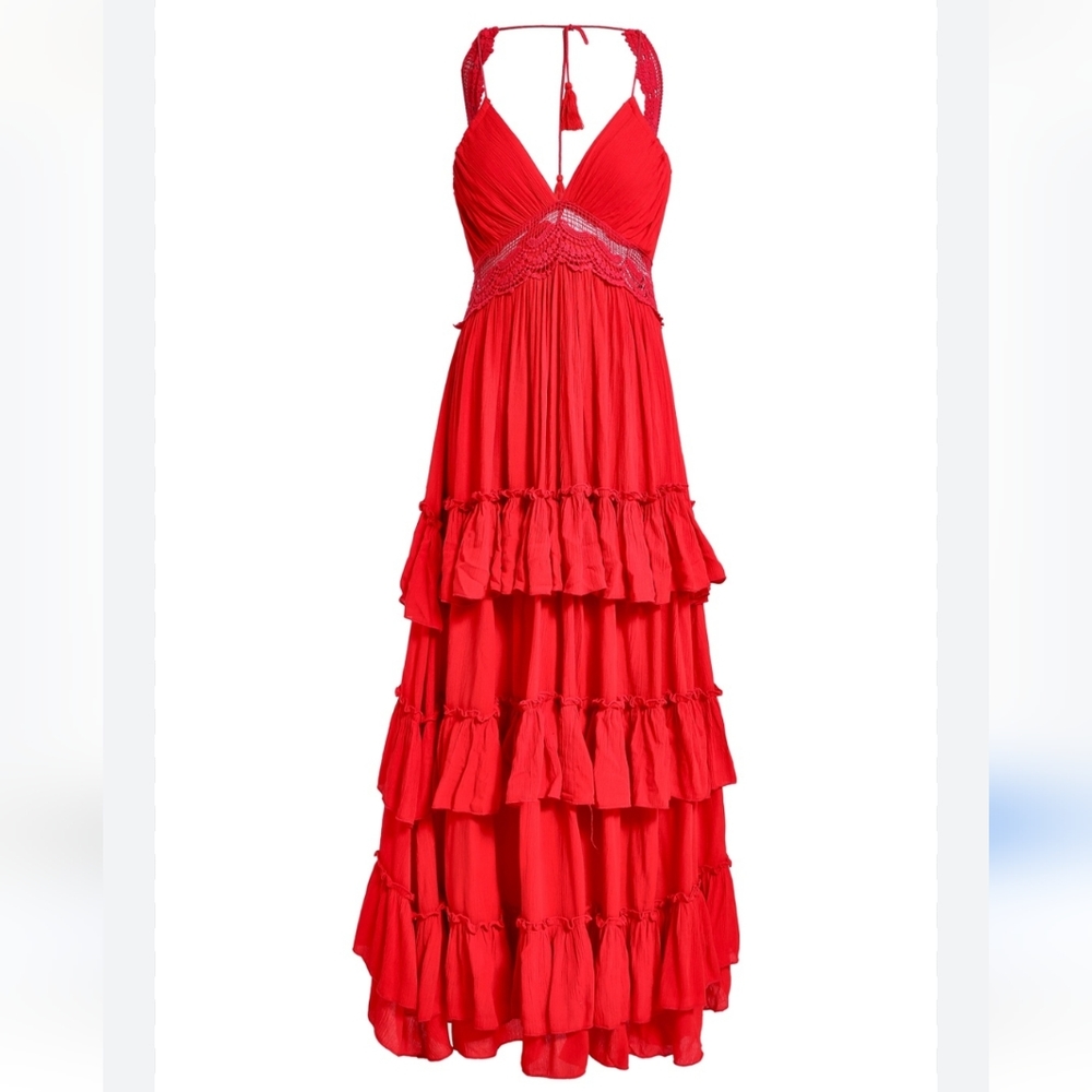 Romantic Boho Red Chrochet Lace Open back Layered Ruffled Maxi Summer Dr…